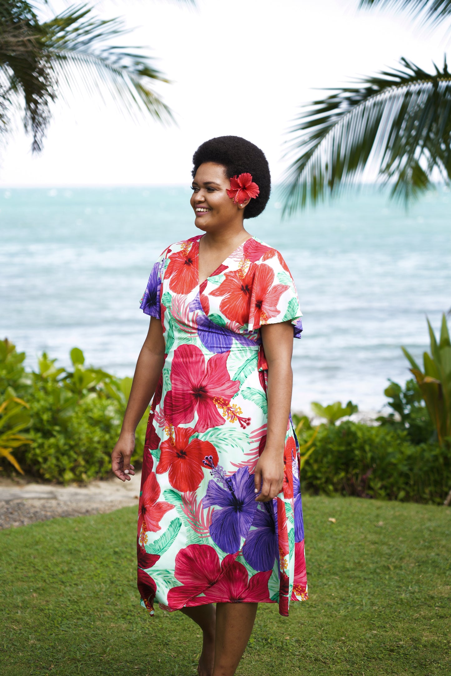 Lela Wrap Dress with pockets - Mint Hibiscus Print.