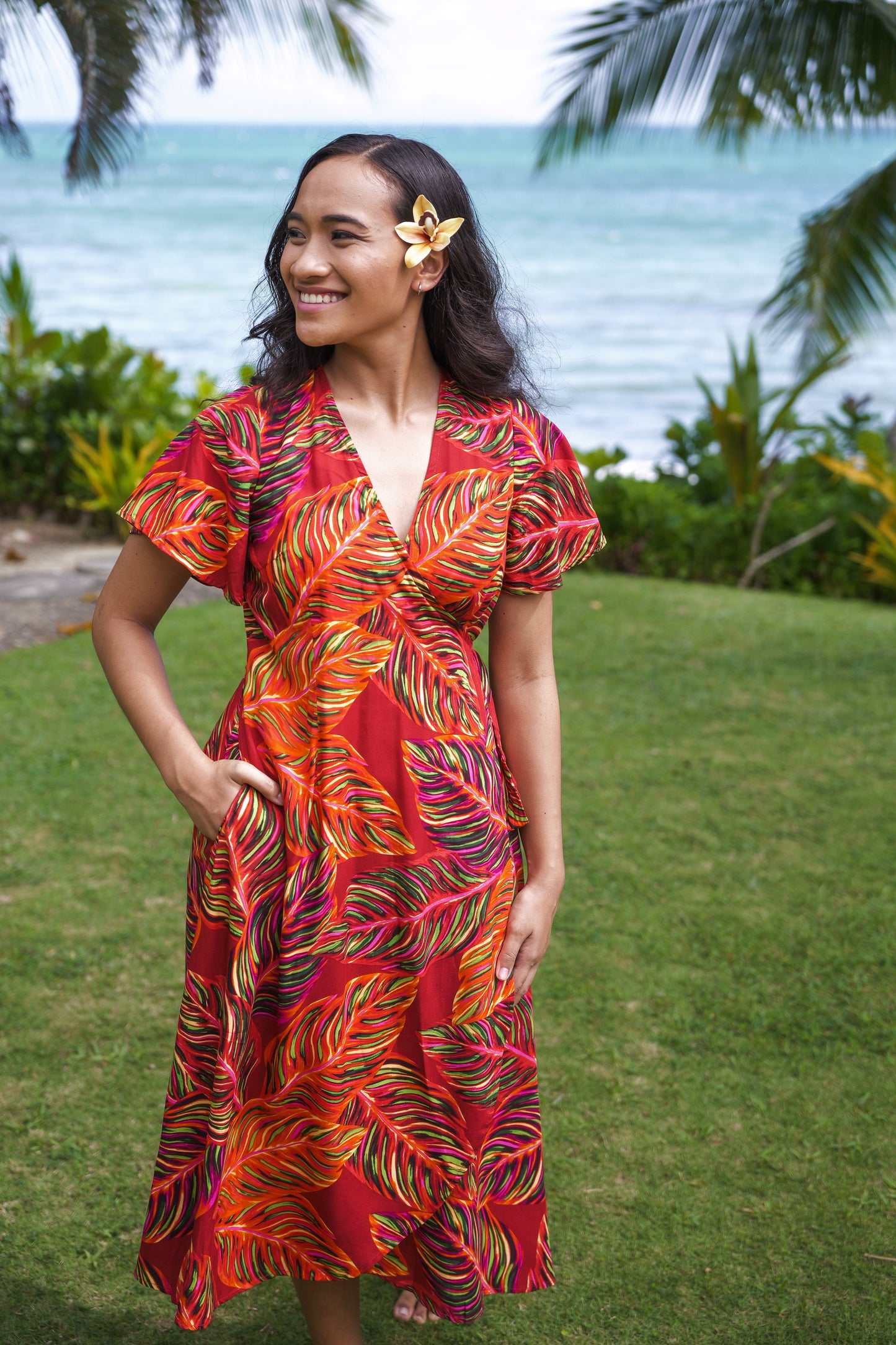 Lela Wrap Dress with pockets - Burnt Orange Leafy Print.