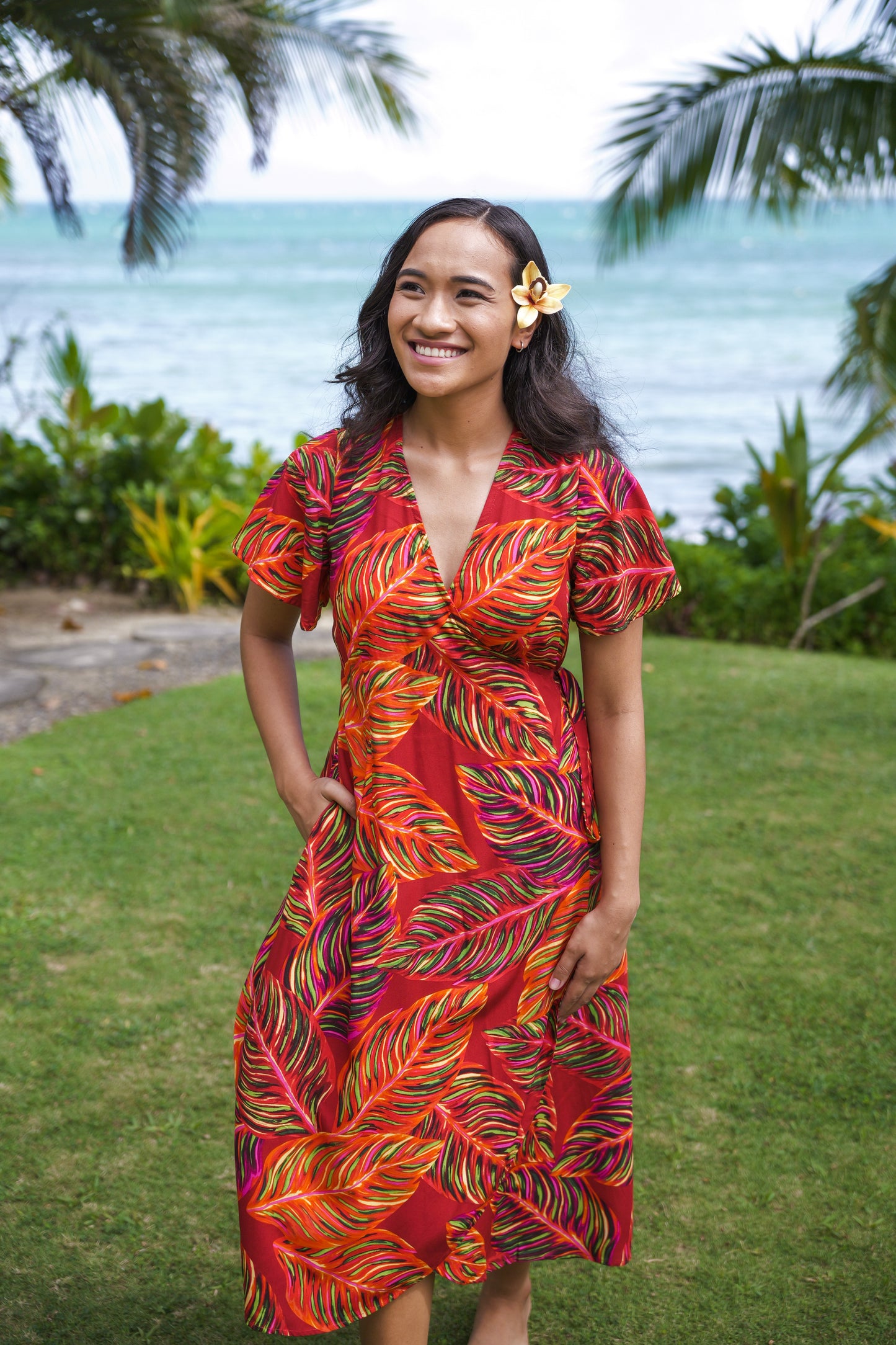 Lela Wrap Dress with pockets - Burnt Orange Leafy Print.