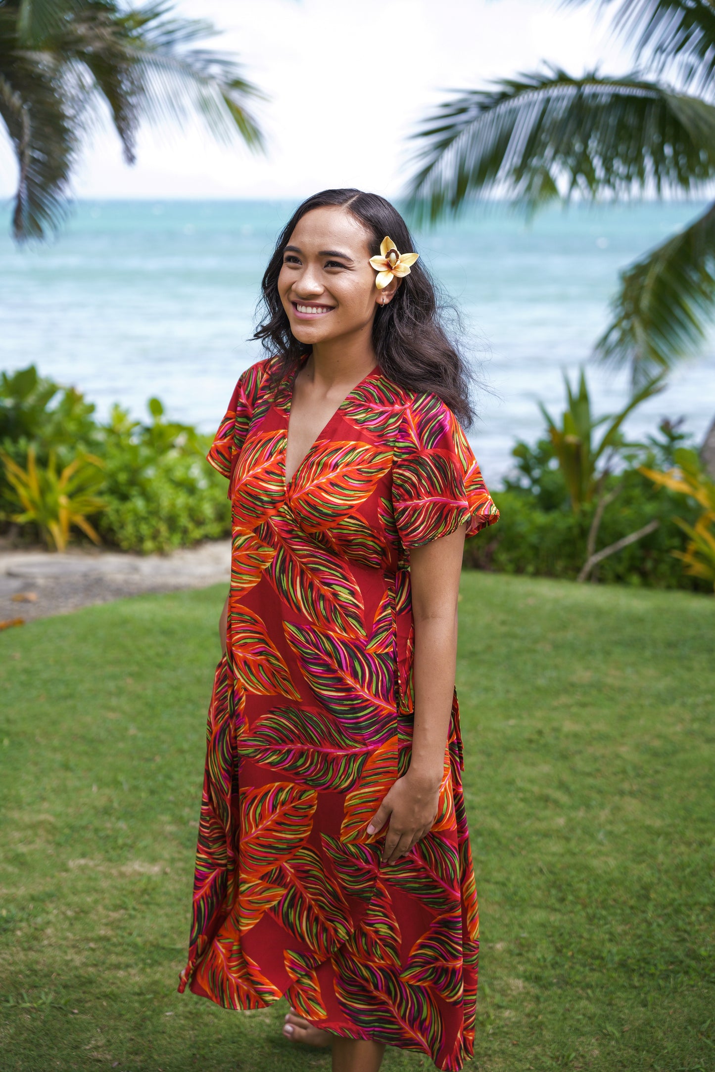 Lela Wrap Dress with pockets - Burnt Orange Leafy Print.