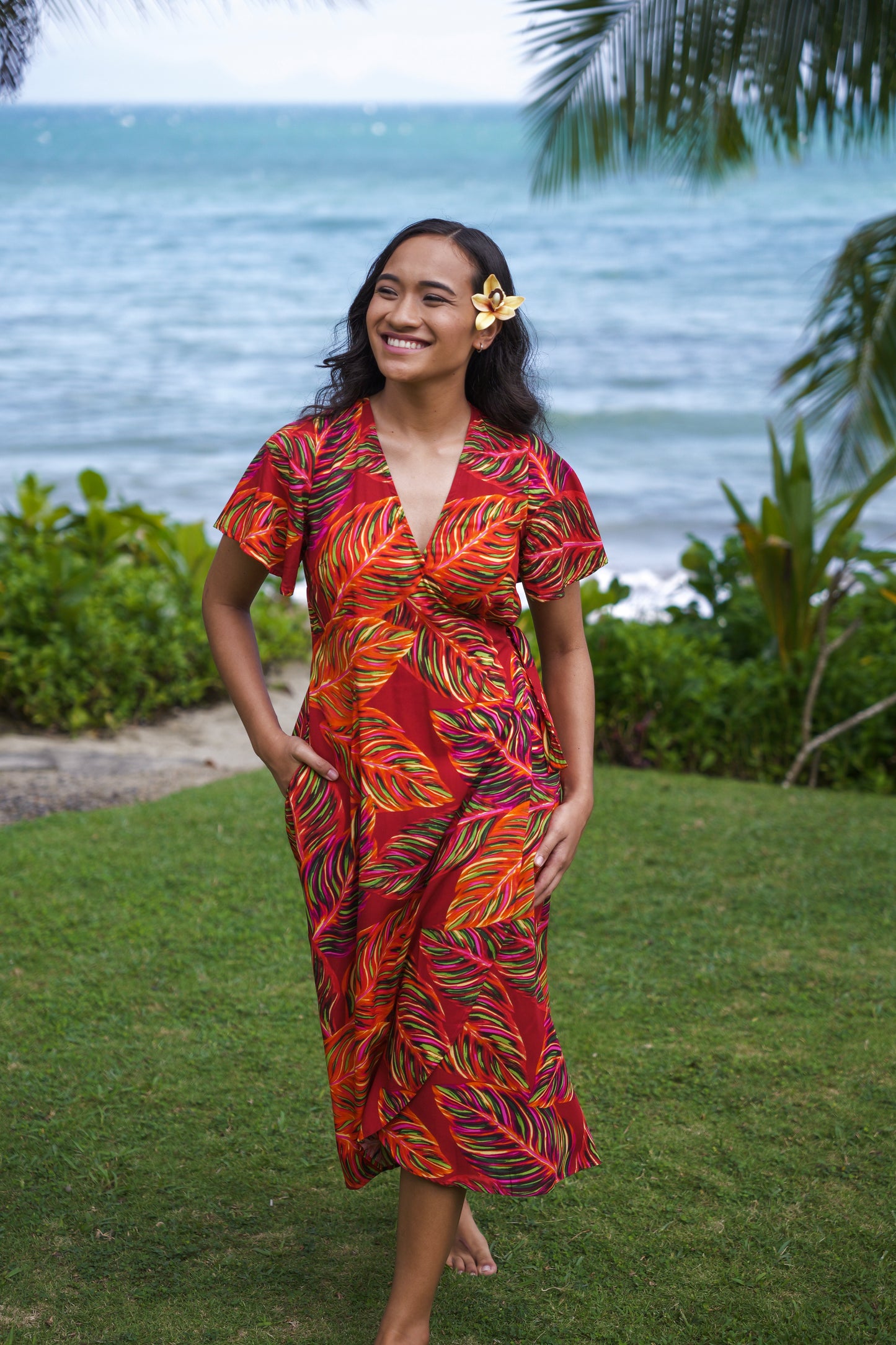 Lela Wrap Dress with pockets - Burnt Orange Leafy Print.