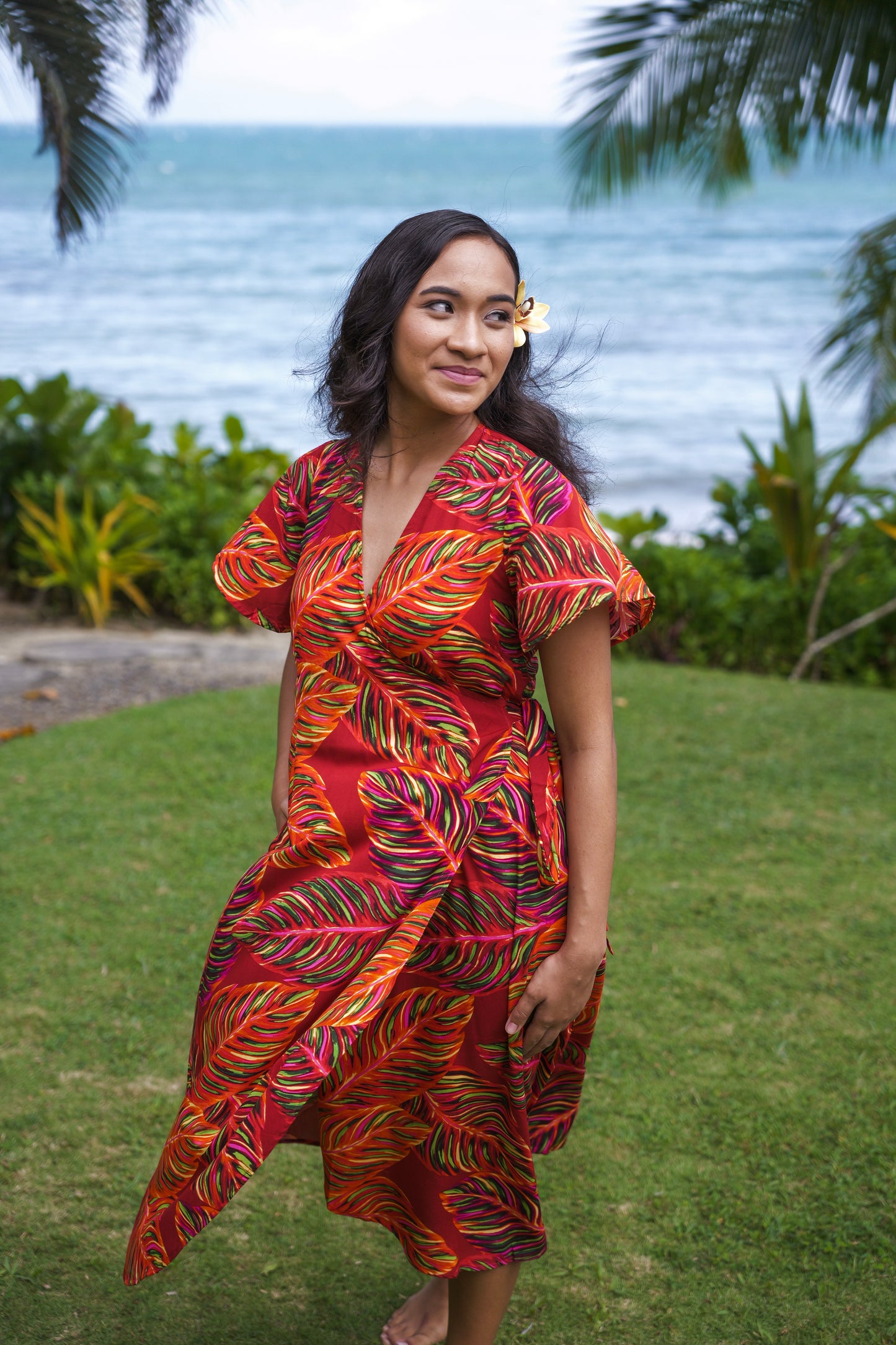 Lela Wrap Dress with pockets - Burnt Orange Leafy Print.