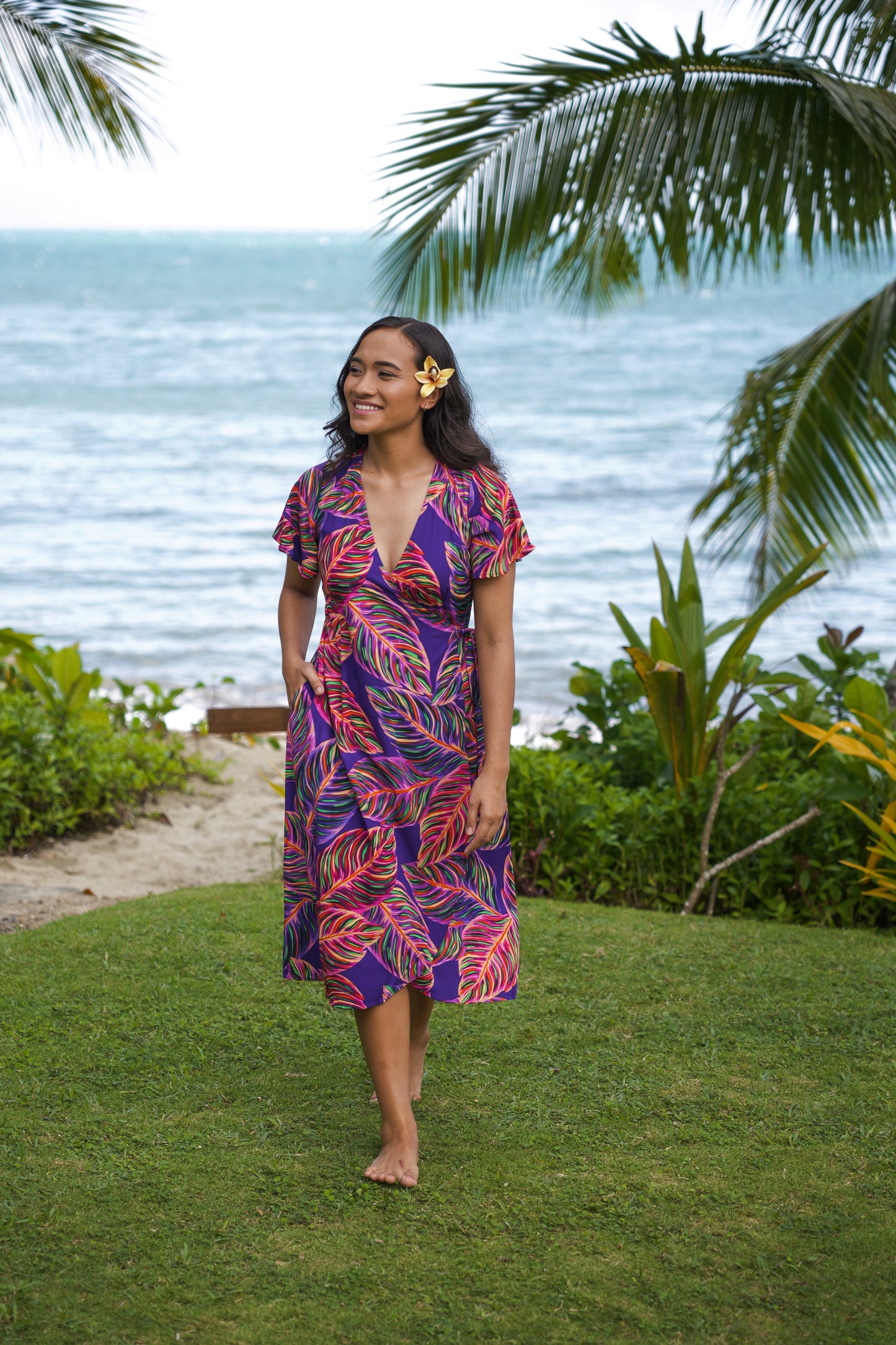 Lela Wrap Dress - Purple Leafy Print