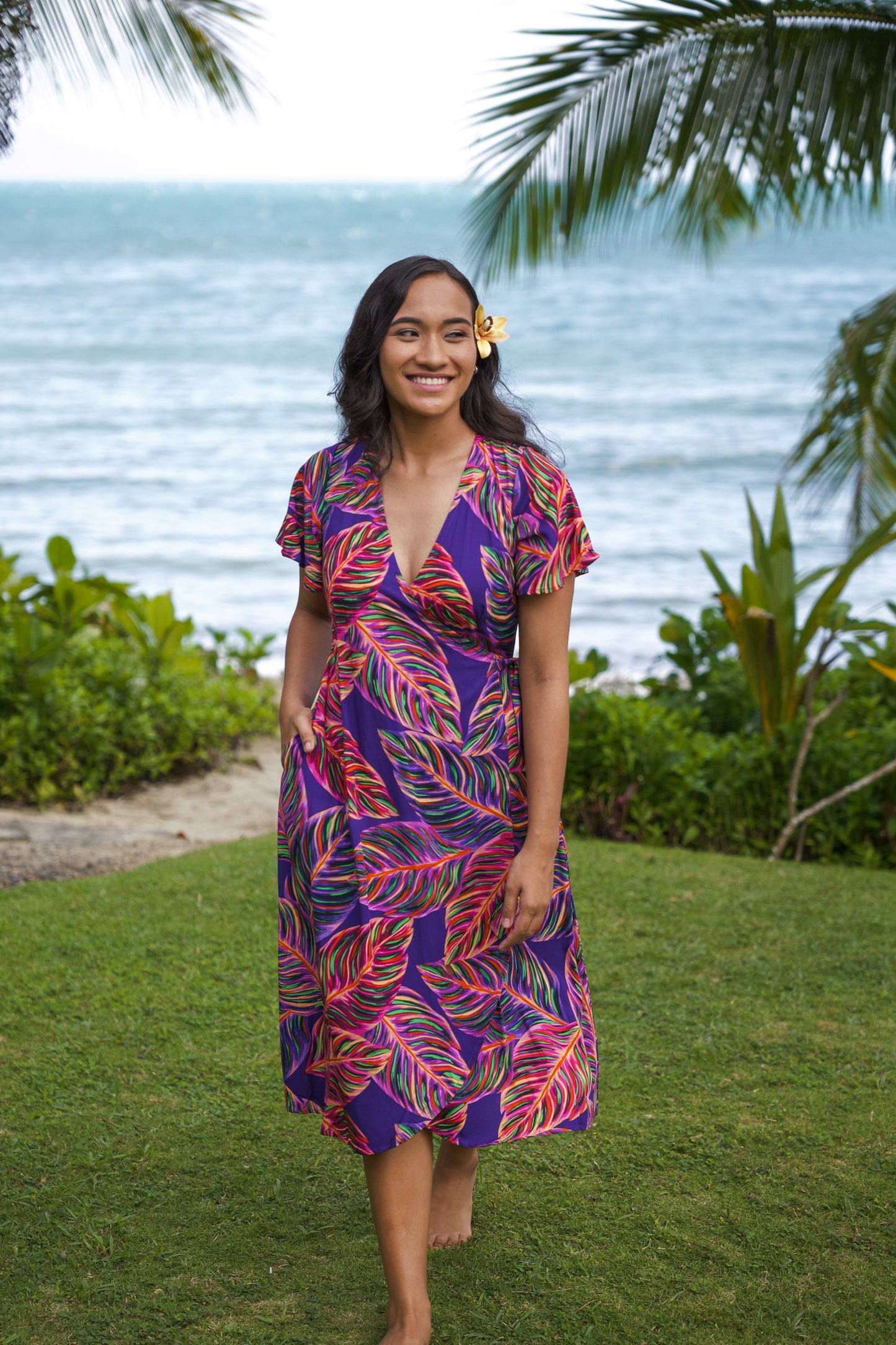 Lela Wrap Dress - Purple Leafy Print