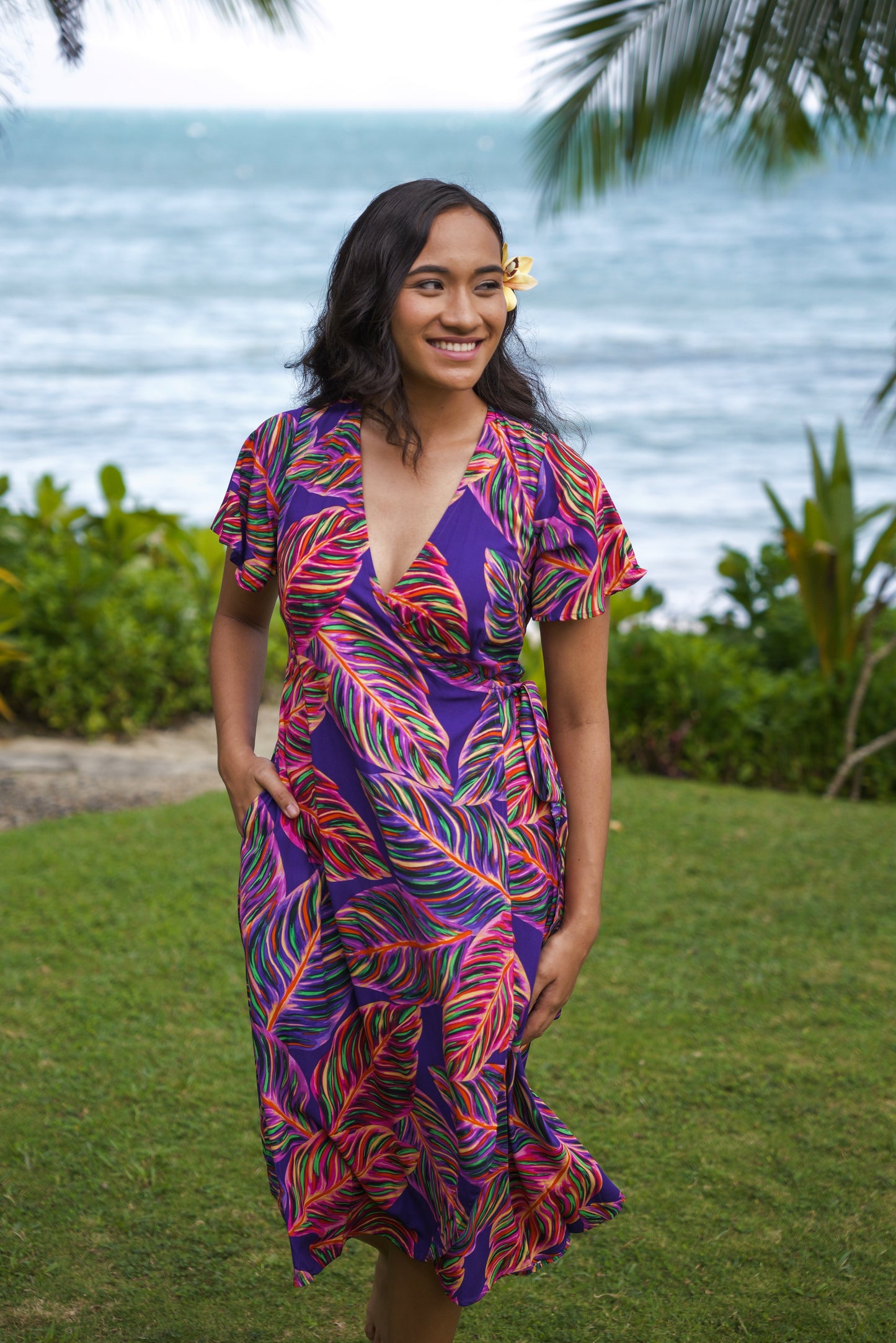Lela Wrap Dress - Purple Leafy Print