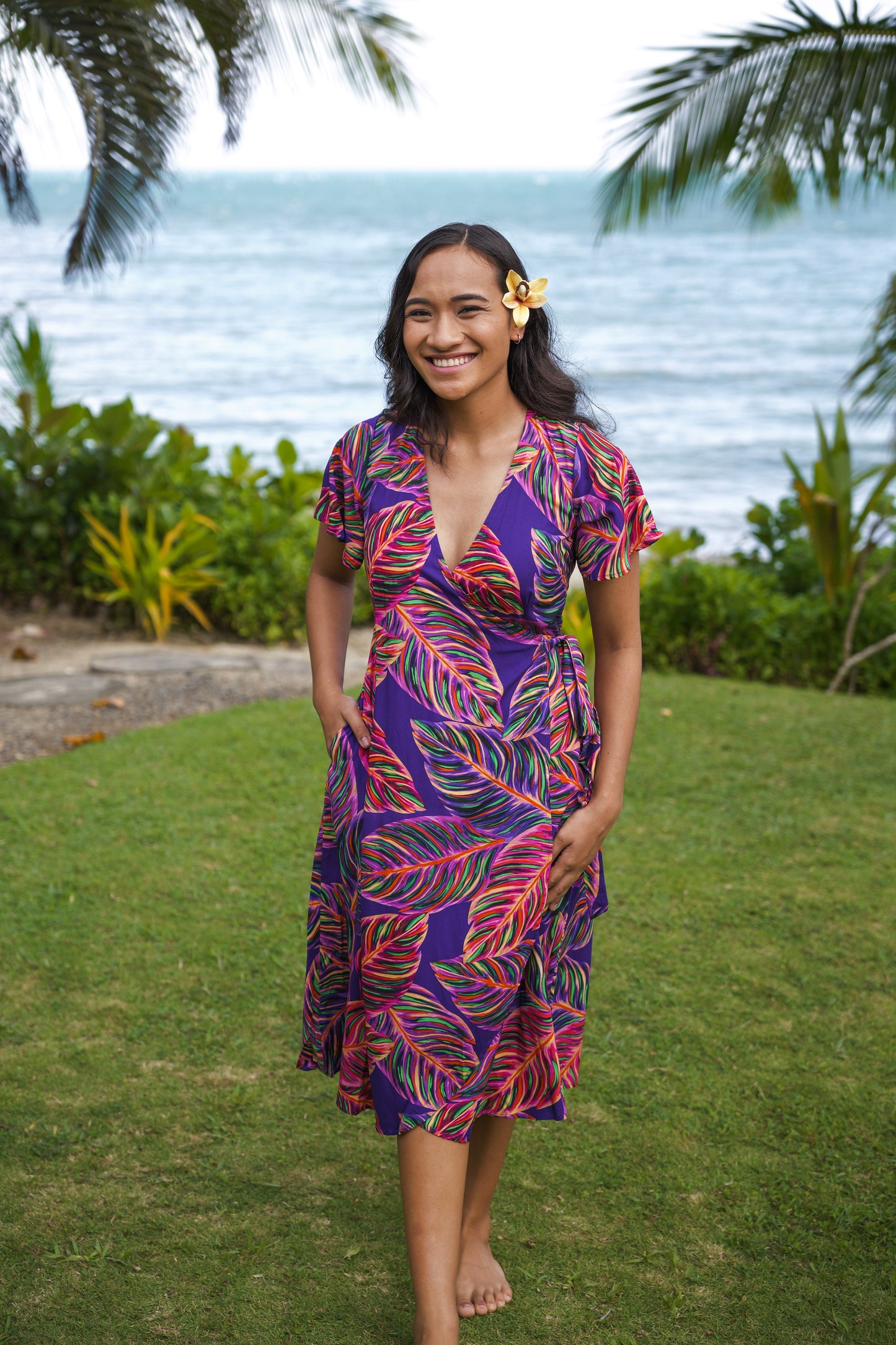 Lela Wrap Dress - Purple Leafy Print