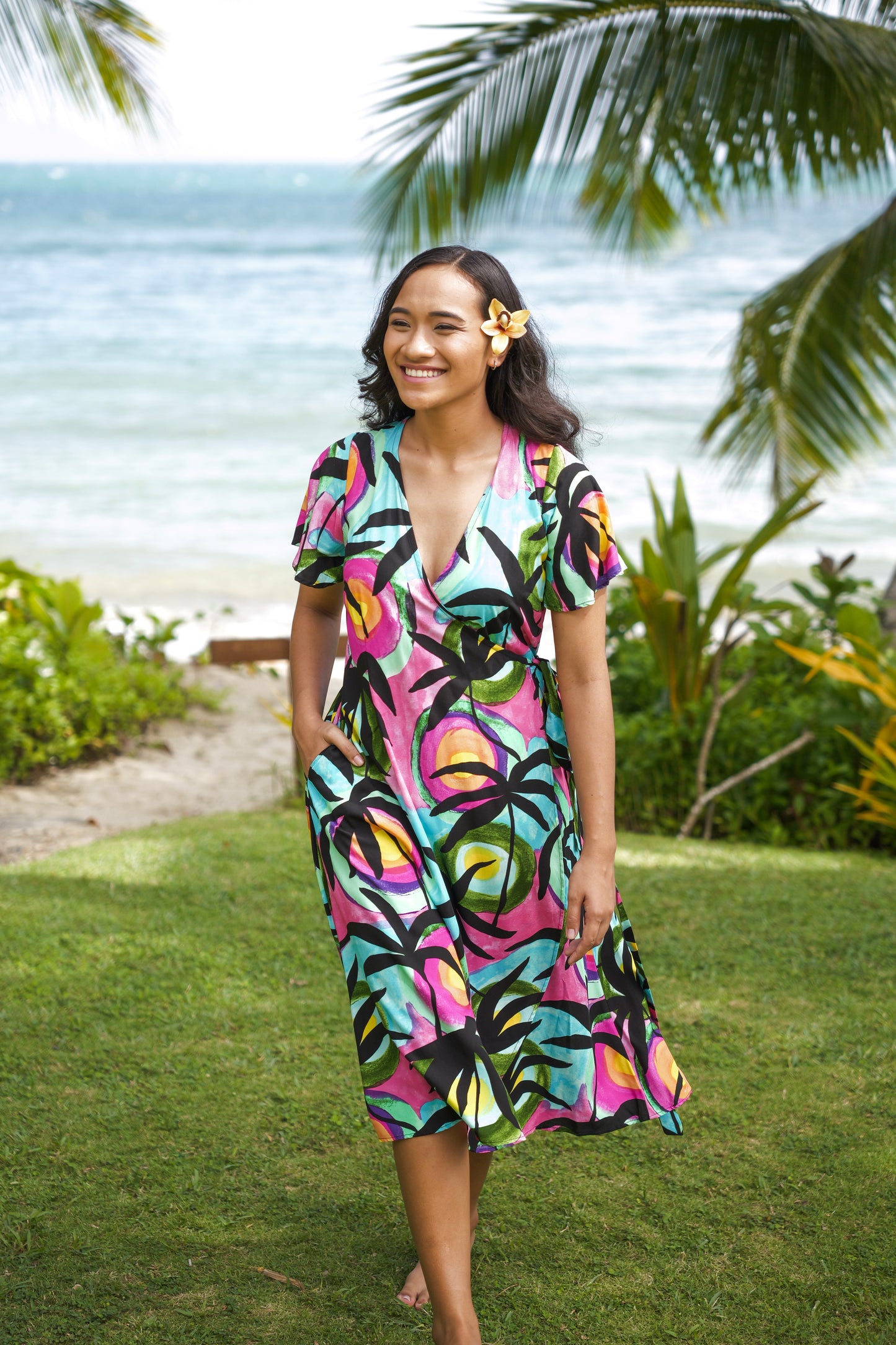 Lela Wrap Dress - Fiji Sunset Print
