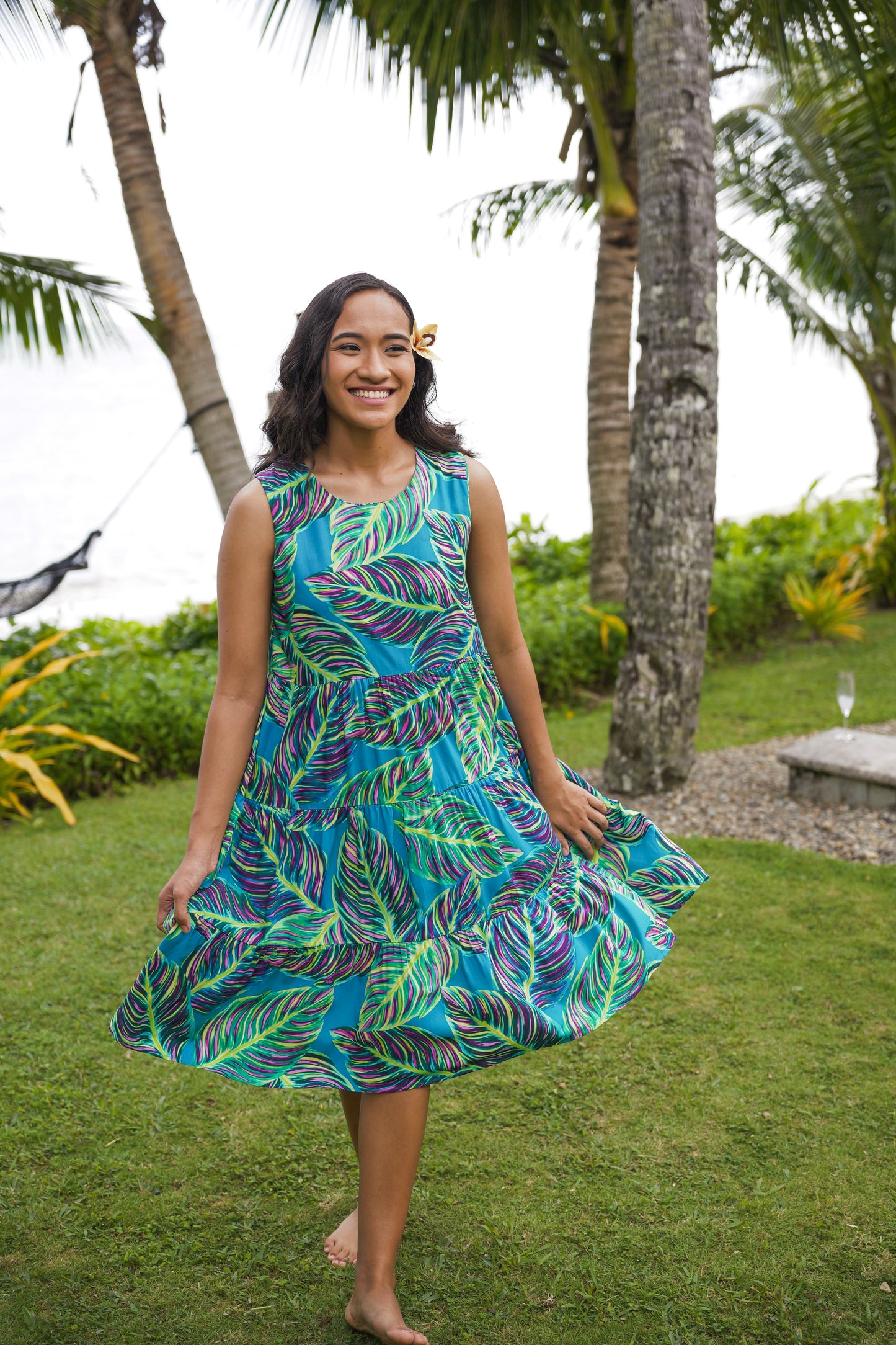 Three tiered Lizzie Style (Short Length) - Teal Leafy Print.