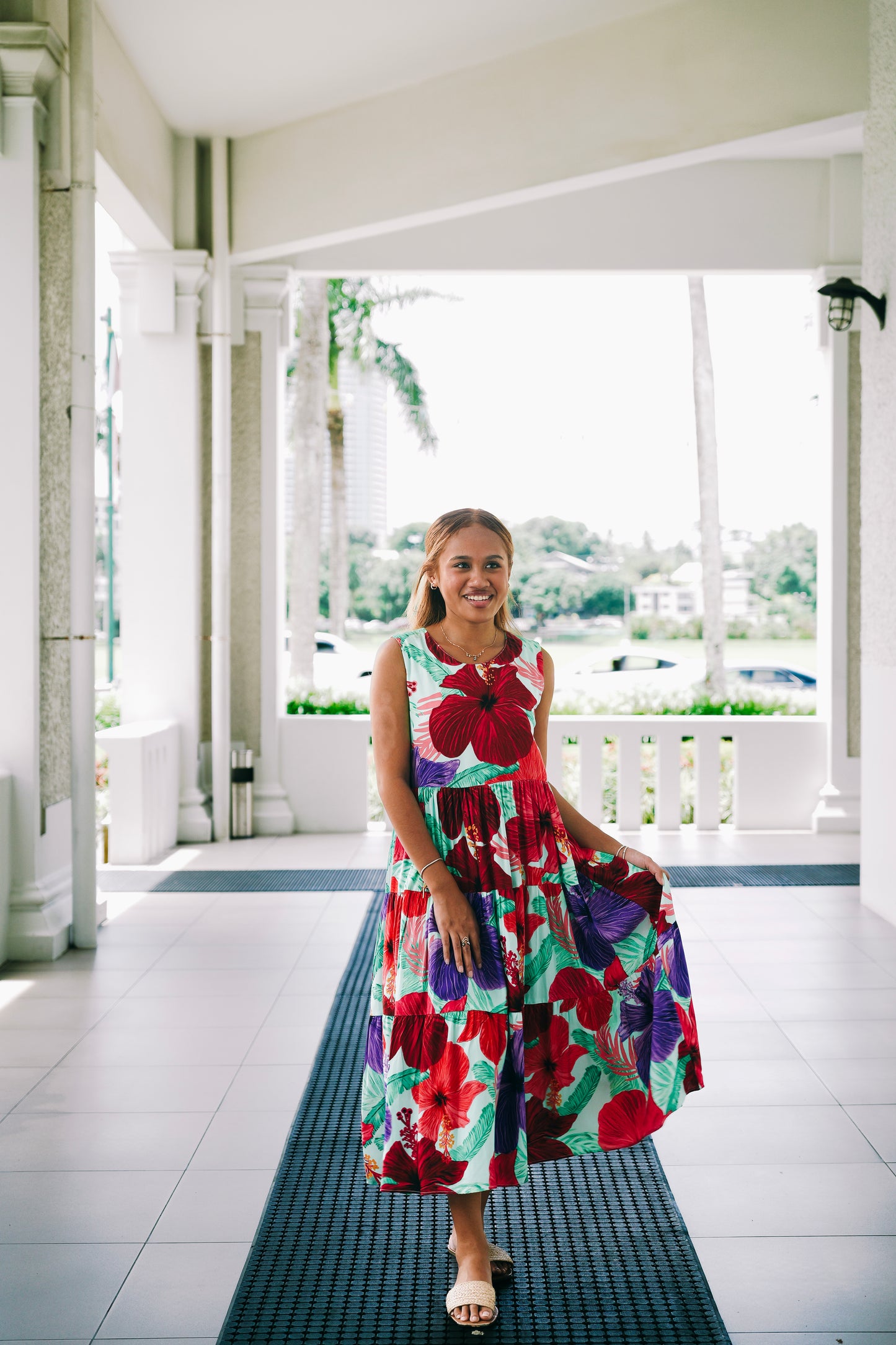 Three tiered Lizzie Style (Long Length) - Mint Hibiscus Print.