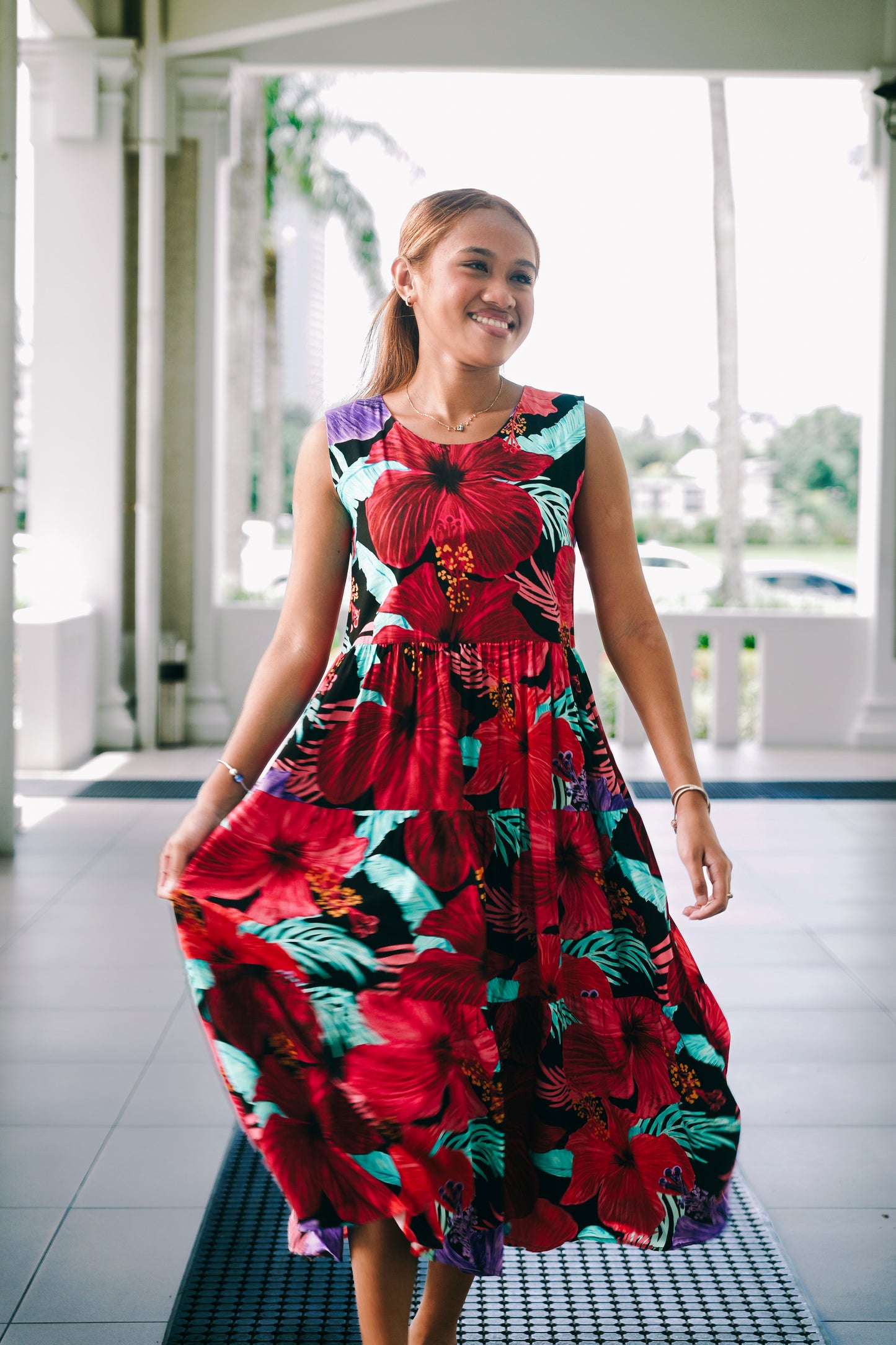 Three tiered Lizzie Style (Long Length) - Black Hibiscus Print.