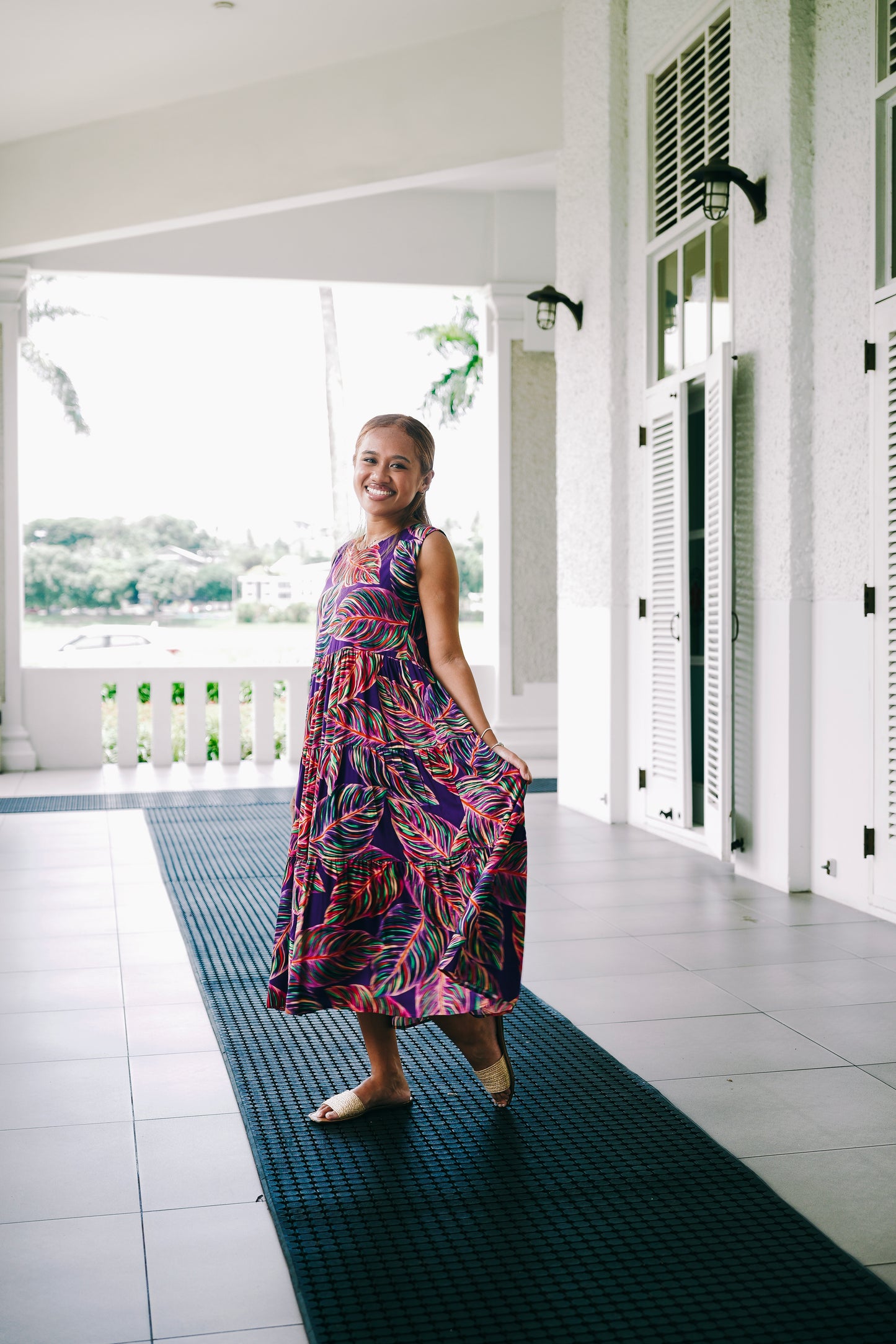 Three tiered Lizzie Style (Long Length) - Purple Leafy Print.