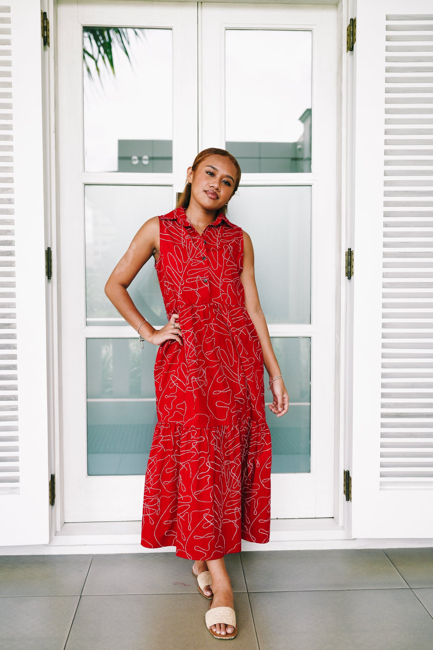 Collared 3 tiered cotton maxi dress - Red Nautical Print