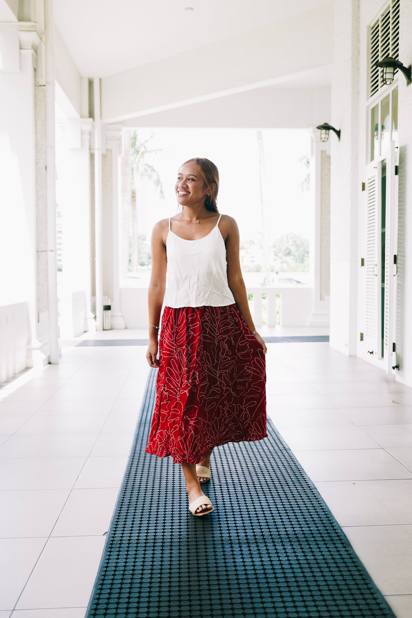 Tropical printed Maxi Skirt with pockets - Red Nautical Print