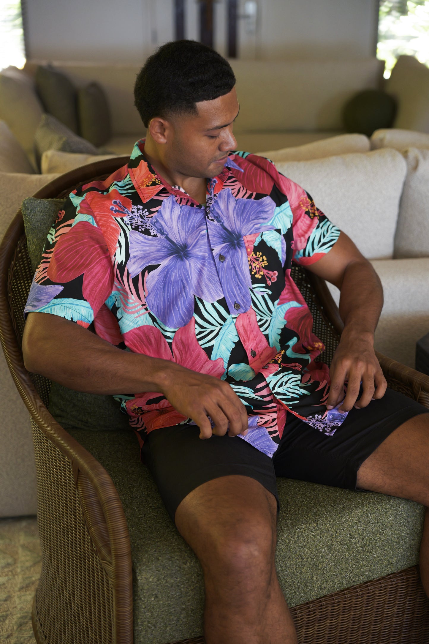 Men's Shirt- Black Hibiscus Print