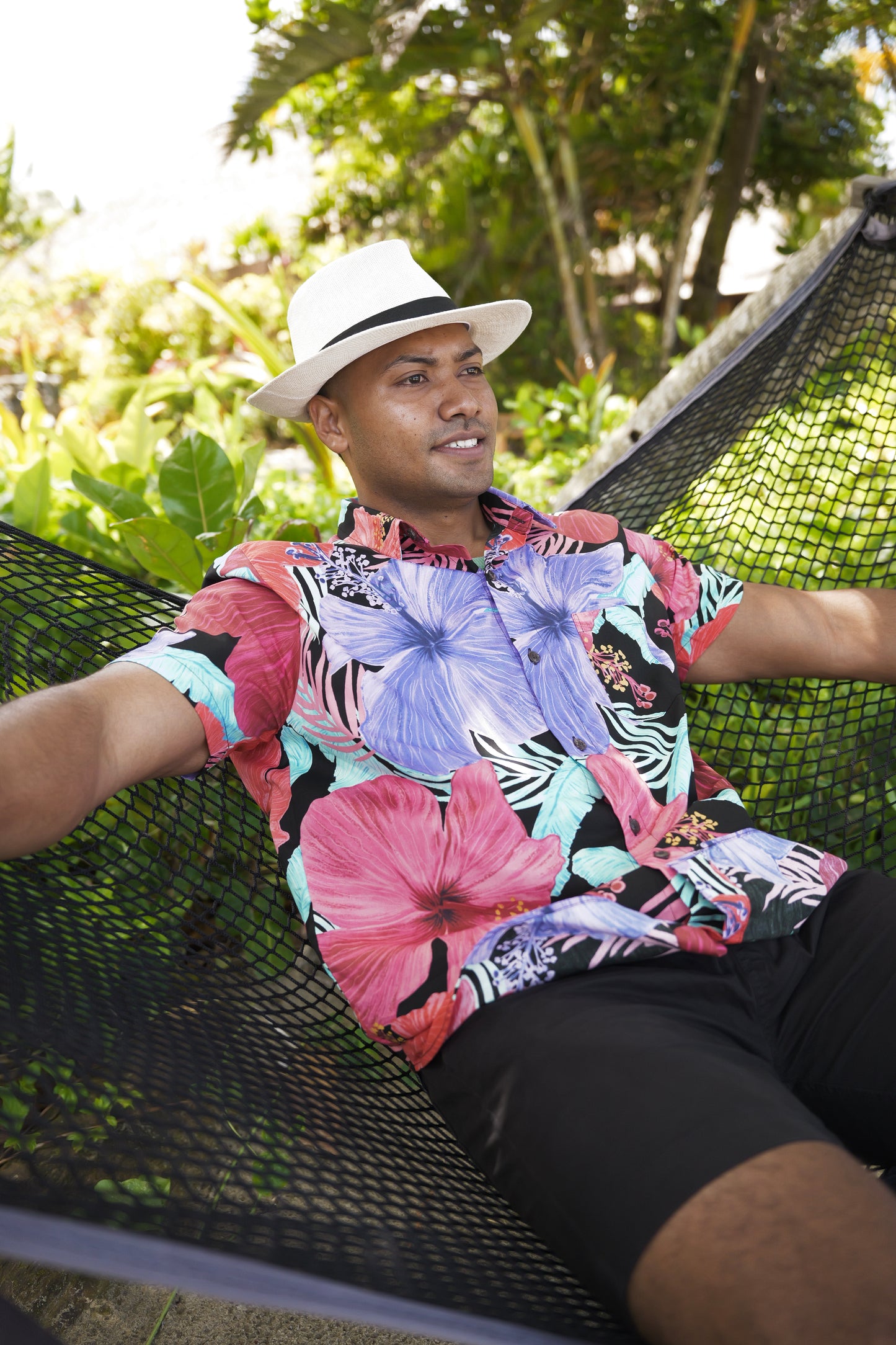 Men's Shirt- Black Hibiscus Print