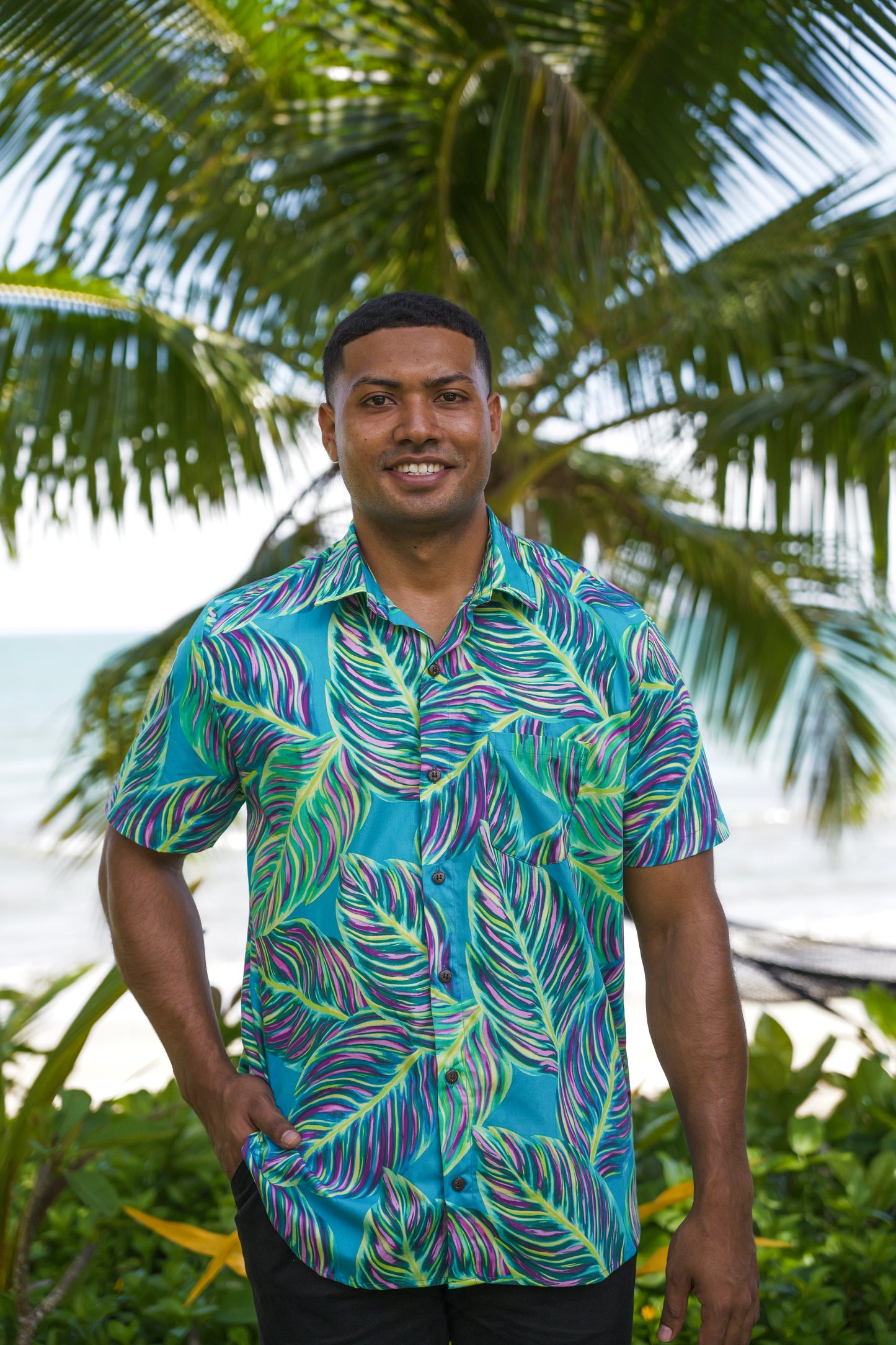 Men's Shirt- Teal Leafy Print