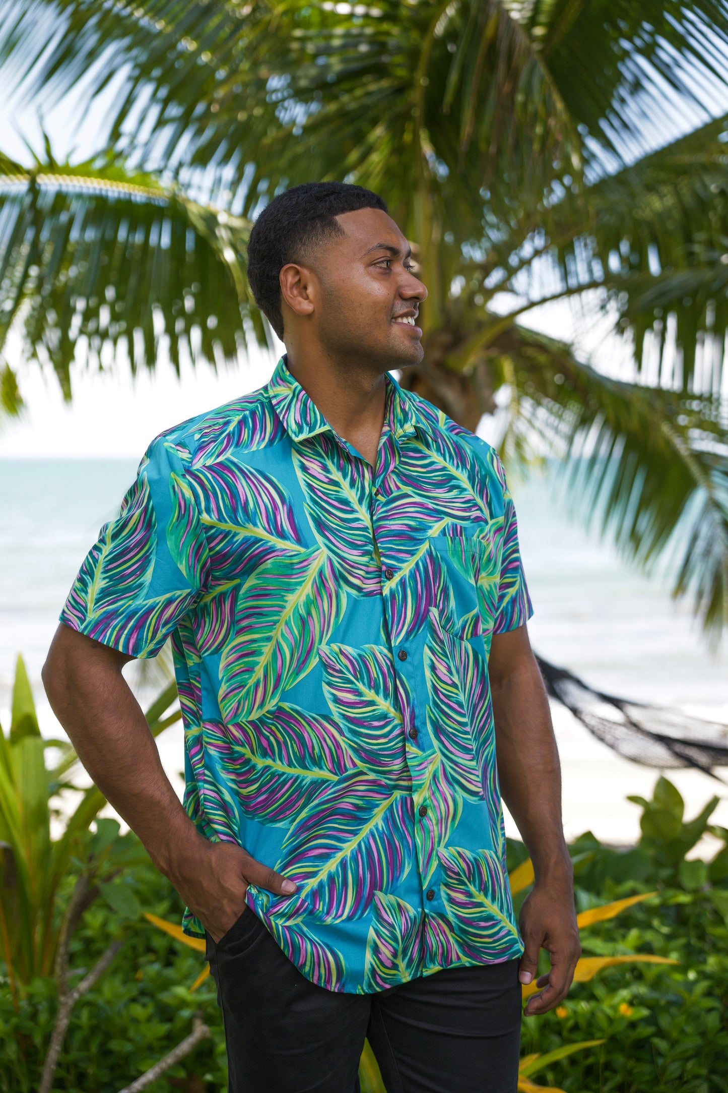 Men's Shirt- Teal Leafy Print