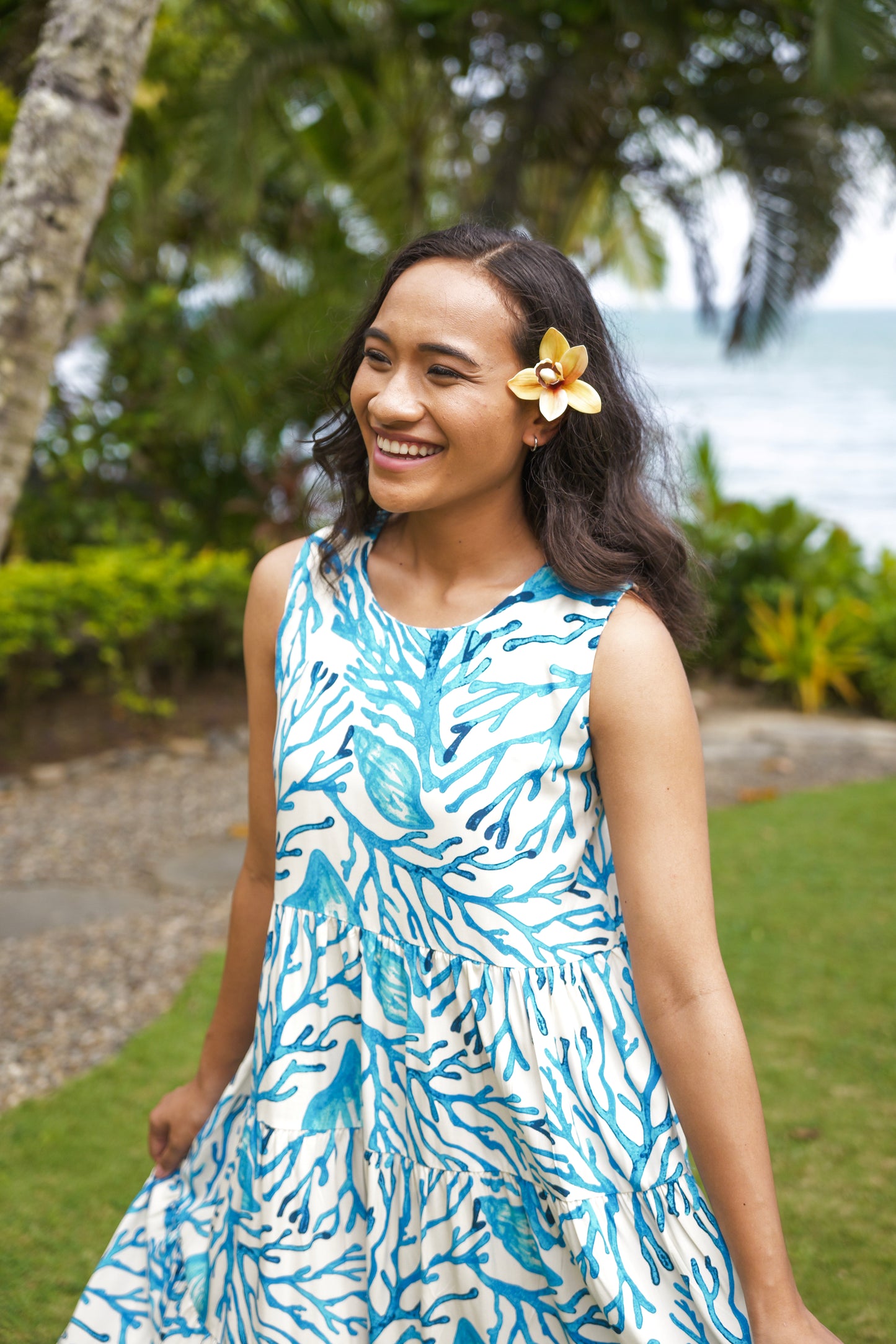 Three tiered Lizzie Style (Short Length) - Blue Coral Print.