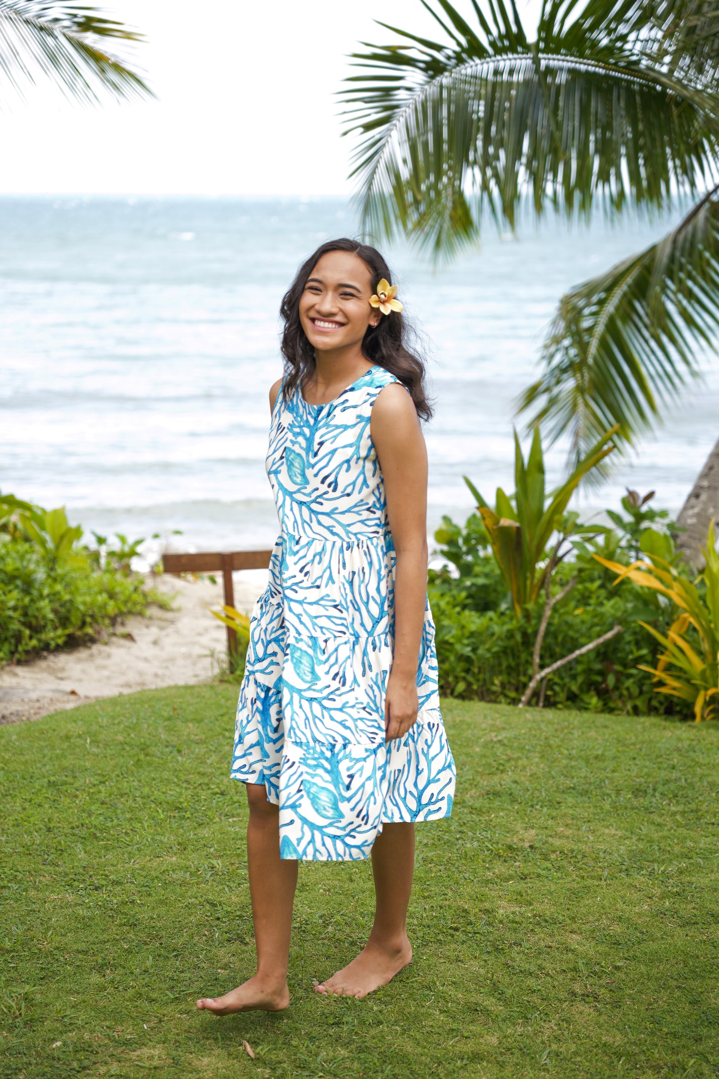 Three tiered Lizzie Style (Short Length) - Blue Coral Print.