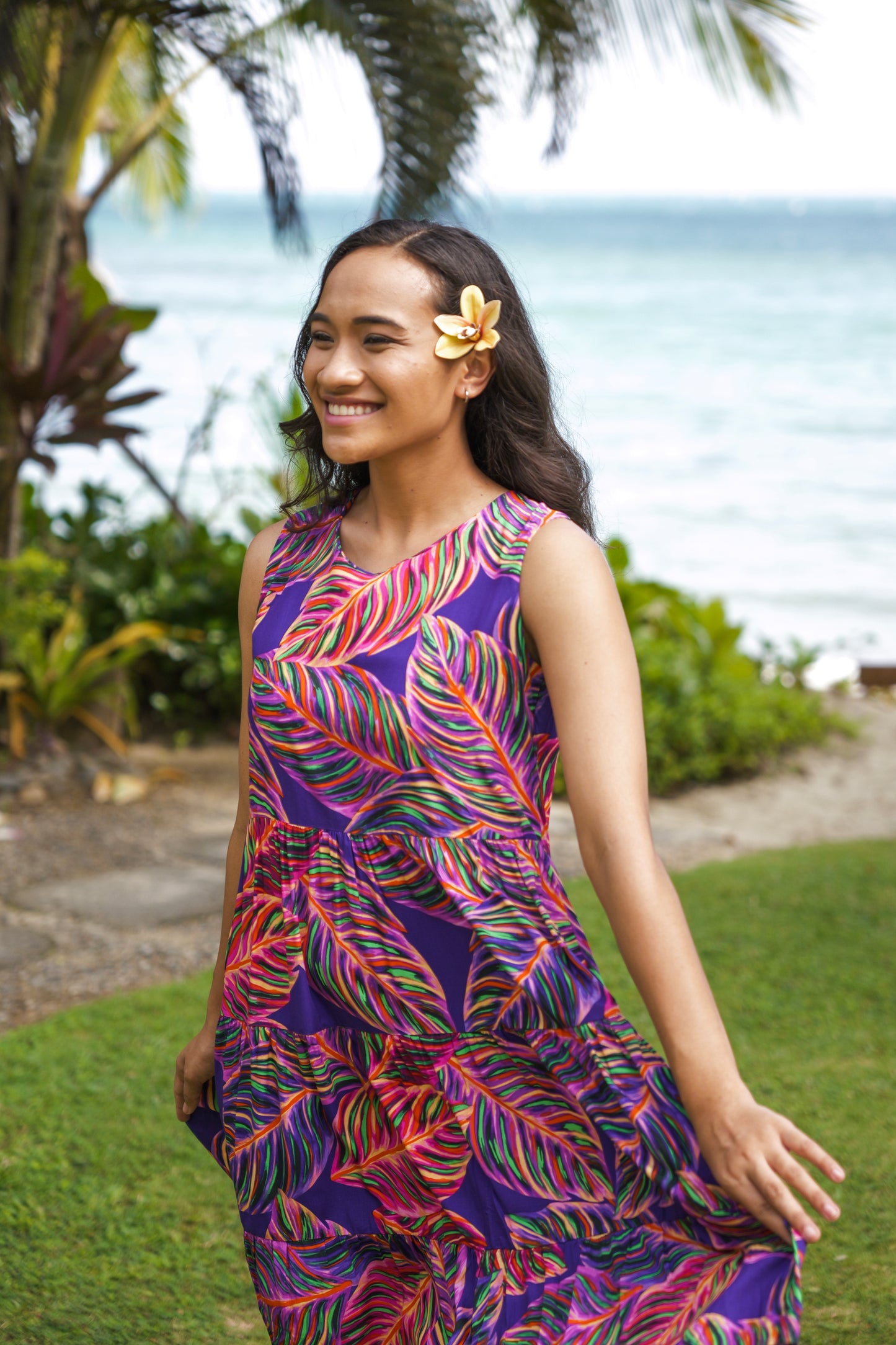 Three tiered Lizzie Style (Short Length) - Purple Leafy Print.