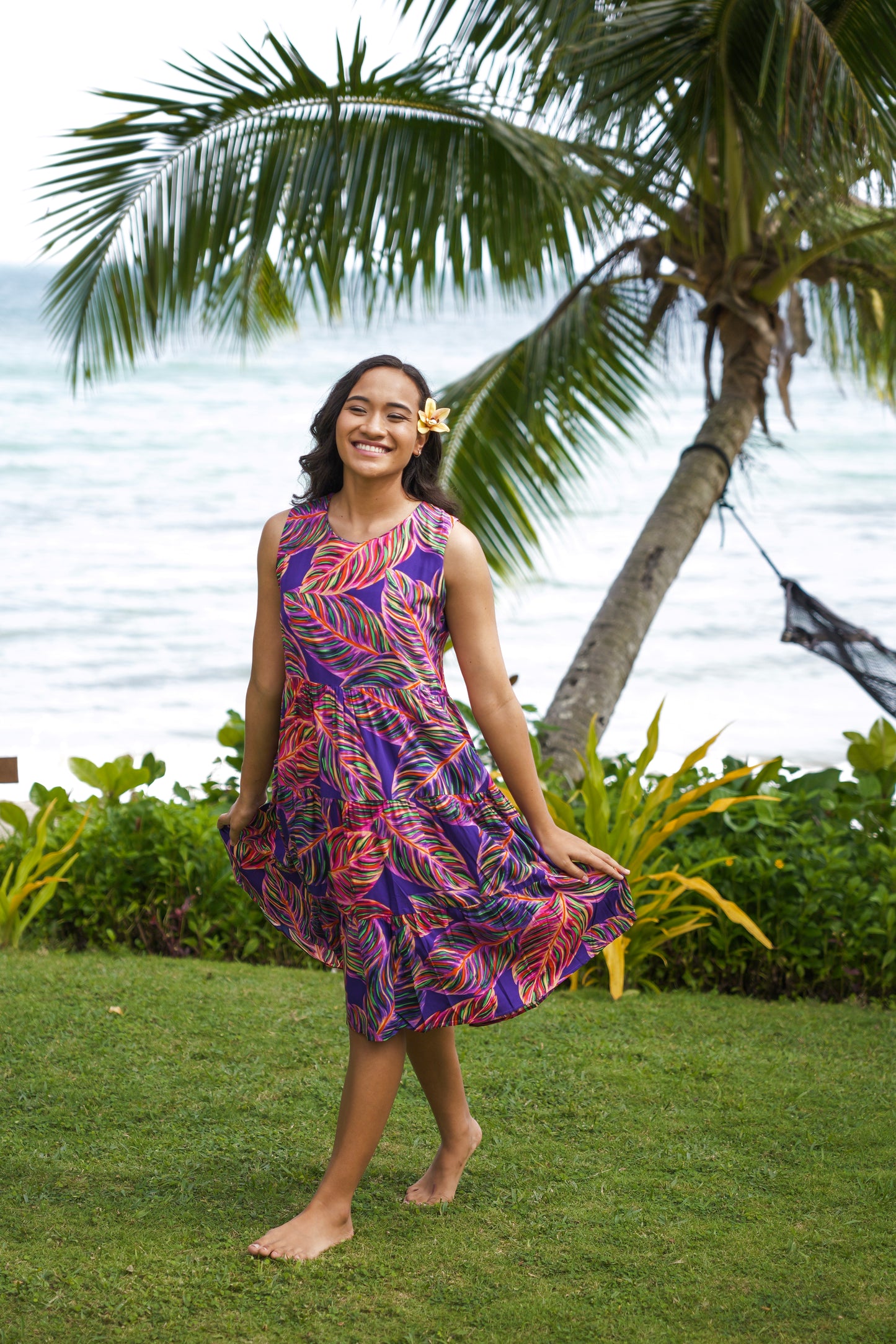 Three tiered Lizzie Style (Short Length) - Purple Leafy Print.