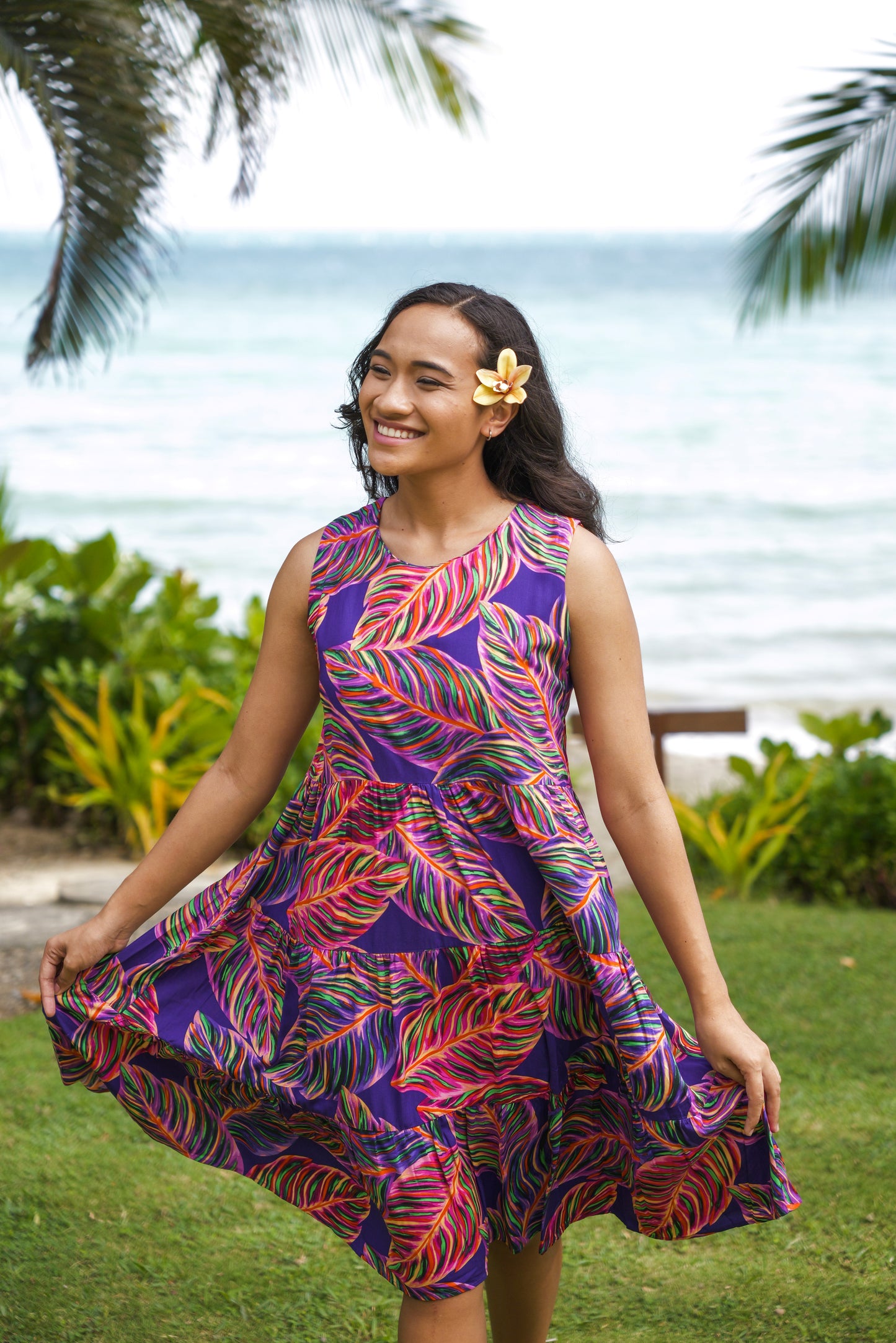 Three tiered Lizzie Style (Short Length) - Purple Leafy Print.