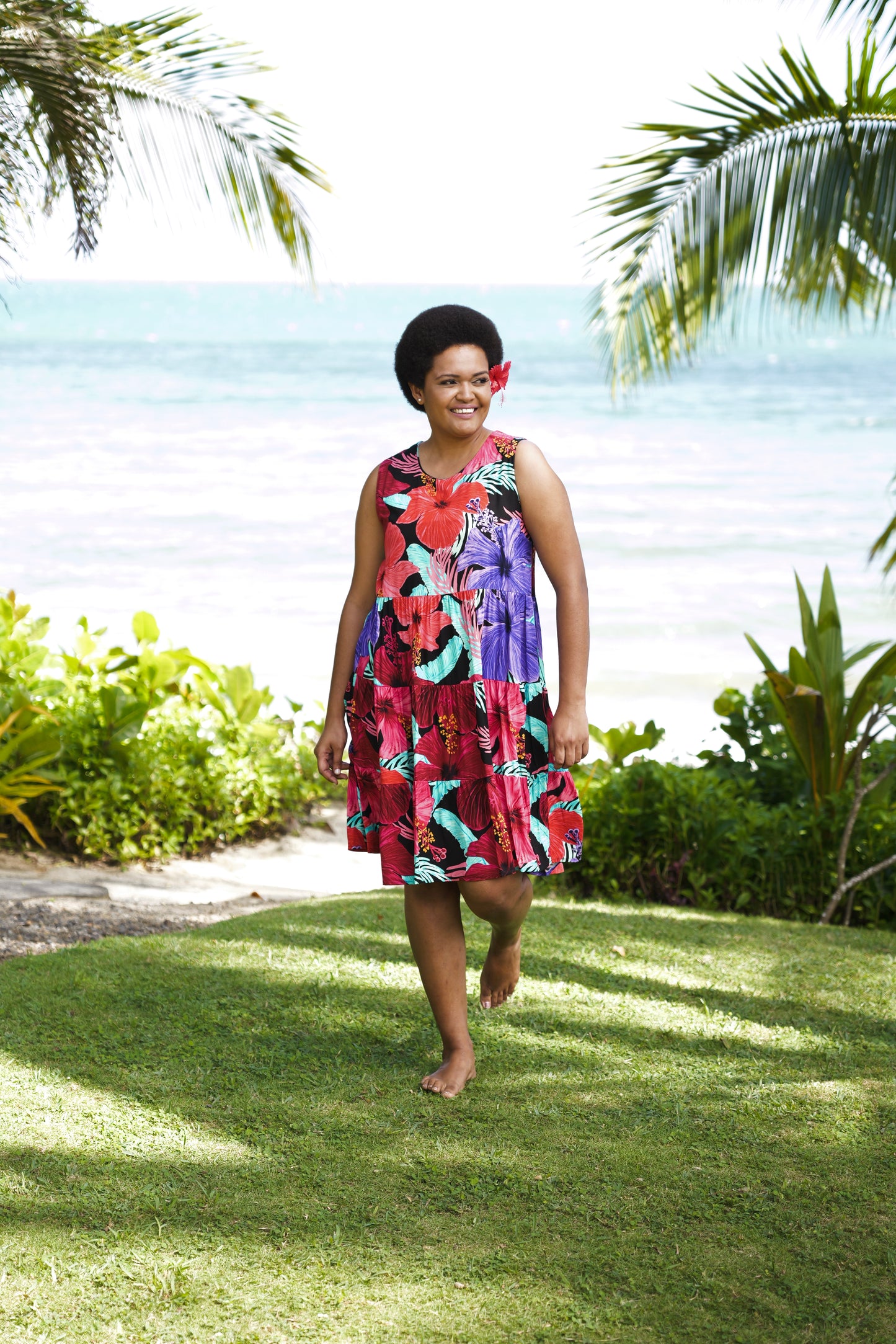 Three tiered Lizzie Style (Short Length) - Black Hibiscus Print.