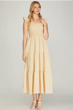Ruffled Sleeved Square Neck Socked Tiered Dress