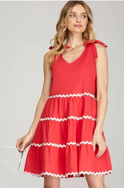 Bowed Shoulder Tiered Dress with Ric Rac Trim