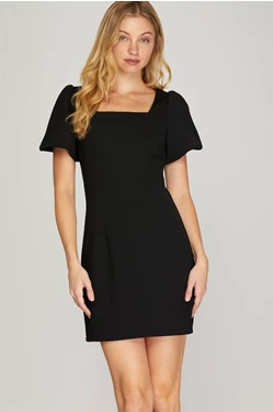 Puffy Short Sleeved Cocktail Mini Dress