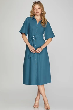 Buttoned Down Shirt Dress with Waist Belt