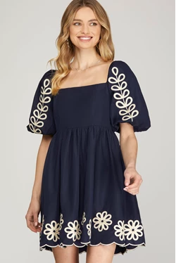 Puffed Sleeve Embroidered Square Neck Mini Dress with Scalloped Stitch Detail