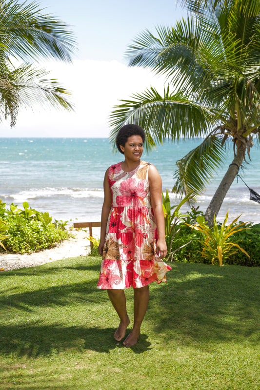 Three tiered Lizzie Style (Short Length) - Beige Hibiscus Print.