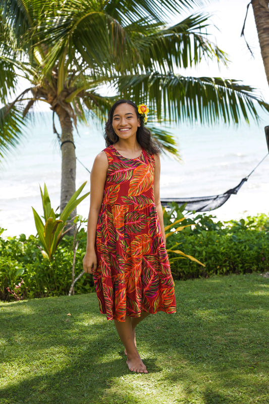 Three tiered Lizzie Style (Short Length) - Burnt Orange Leafy Print.